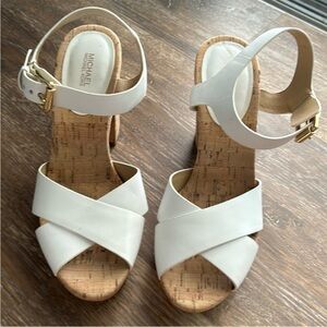 MICHAEL Michael Kors White Leather Cork Wedge Sandals